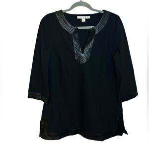 Boston Proper Black 3/4 Sleeve Faux Leather Trim Tunic Top